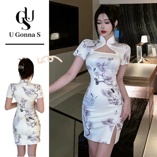 U Gonna S Dress Improved Cheongsam Modern Short Sleeve Sexy Acima Do Joelho Com Fenda Lateral Floral Colarinho Chinês Moda De Cintura Alta Elegante Bodycon 2024 Coágulo Tradicional Esticável