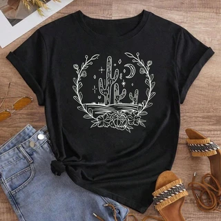 Nova Moda Simples Pintada À Mão Lua E Estampa floral top Feminino Manga Curta Camiseta Feminina Spring/Summer Roupas Femininas Presente De Namorada Camisetas Frescas-Multicoloridas