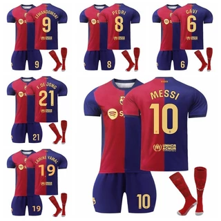 2024-25 Temporada Barcelona Home Kids Football Jersey Kit Gavi Pedri Messi De Jong Lewandowski Lamine Yamal Conjuntos Esportivos Com Meias