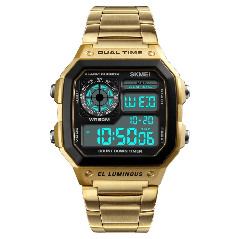 SKMEI 1335 Luxuoso Retro Homens Digitais De Aço Inoxidável Relógio Esportivo De Leds À Prova D'água