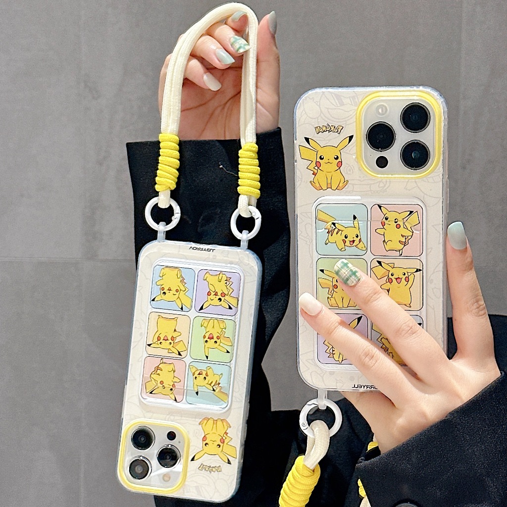 Bolsa Para iPhone 15 14 13 12 11 Pro Max Pokemon Card Slot Capa Macia Removível Câmera De Cordão Curto Proteção Da Cute Cartoon Shell