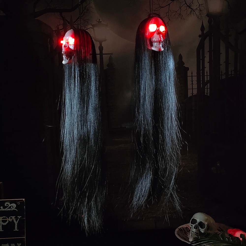 Halloween Cabeça Fantasma De Cabelo Longo Brilhante Terrificante Pendurado Decoração De Cena Noturna De