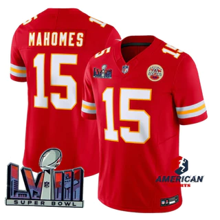 Masculino Camiseta 2023-24 Super Bowl LVIII Regata 15 Patrick Mahomes Vermelha Limitada Camisa De Futebol Americana Jersey