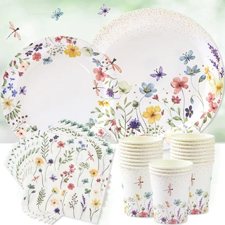 40Pcs Wildflower Conjunto De Louça De Mesa Descartável Wild Flower Copos Descartáveis Decoração Guardanapo Tissue Feliz Aniversário Suprimentos Para Festa De Baby Shower Jantar Necessidades De Bebidas