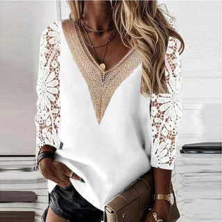 Blusa elegante de manga comprida, blusa feminina com gola V, camisa oca de renda, casual, roupas soltas