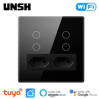4 Gangues Tuya Interruptor Inteligente De Parede WiFi E Tomada 16A Padrão 4X4 120X120 Painel De Vidro 4 Botões Luz Funciona Com Alexa Google Home