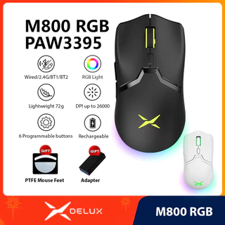 Delux M800 RGB PAW3395 26000DPI 50G ACC Mouse Para Jogos Com Fio Sem 72g Leve Programável Jogadores