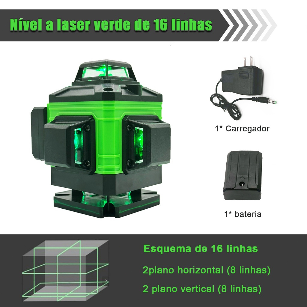 16 linhas Nível de Laser recarregável Cruz Horizontal Vertical Verde 8 /12 /16