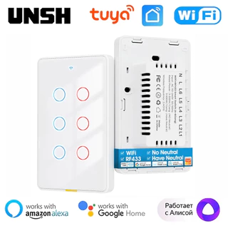 6 Gangues Tuya Smart WiFi RF Suporte De Interruptor De Parede De Toque De Luz De 2 Vias Com/Sem Fio Neutro Vida Inteligente Via Alexa Google Home Alice