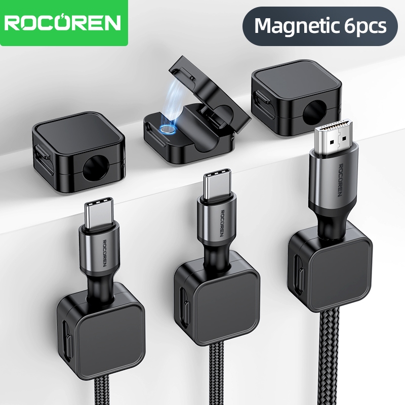 Rocoren 6Pcs Clipes De Cabo Magnético Quadrado De Mesa Gerenciamento Adesivo Organizador De Fio Para Escritório Em Casa