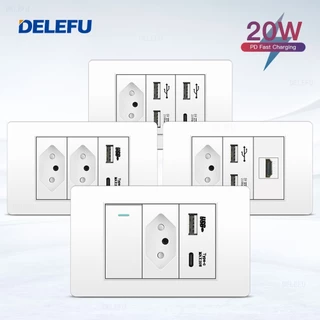 DELEFU À Prova De Fogo PC Brasil Soquete Padrão Duplo USB Tipo-c Interruptor 4 * 2 Branco 10A 20A