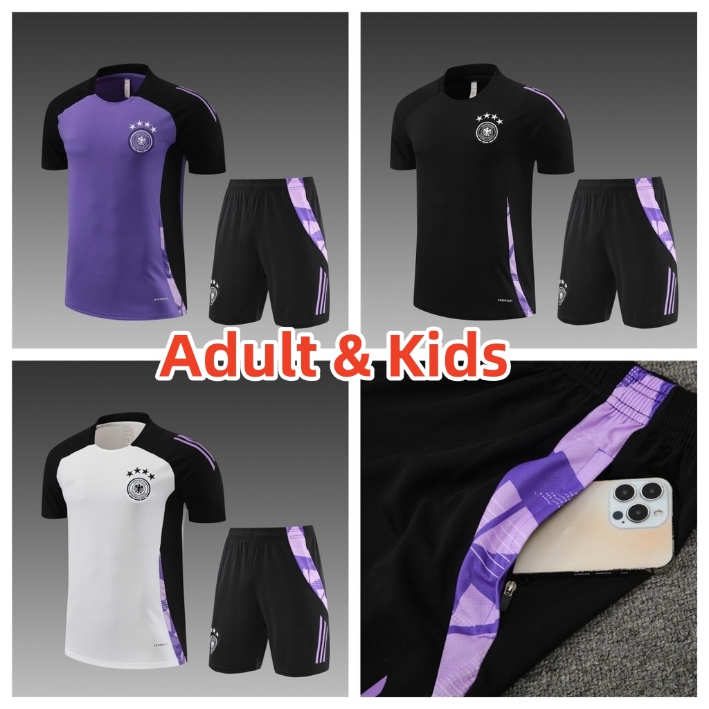 2024/25 Alemanha Preto , Branco E Púrpura Adulto Kids Short Sleeve Jersey Set Kimmich Havertz Kroos Muller Gundogan Shorts Pocket Zipper Fato De Treinamento