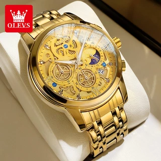 OLEVS Relógio Masculino A Prova D Água Original Aço Inoxidável Calendário Cronógrafo Luxo Dourado Branco 9947
