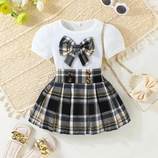 Conjunto Roupa Infantil Menina 2-8 anos Verão Manga Bufante Topo de arco E Elástica Plissada Saia Curta Para Bebê Crianças