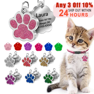 【 Any 3 De Desconto 10 % 】 Personalized Etiquetas De Gato Cachorro Personalizadas De Identificação De Animal De Estimação Pingente De Pata Glitter Tag