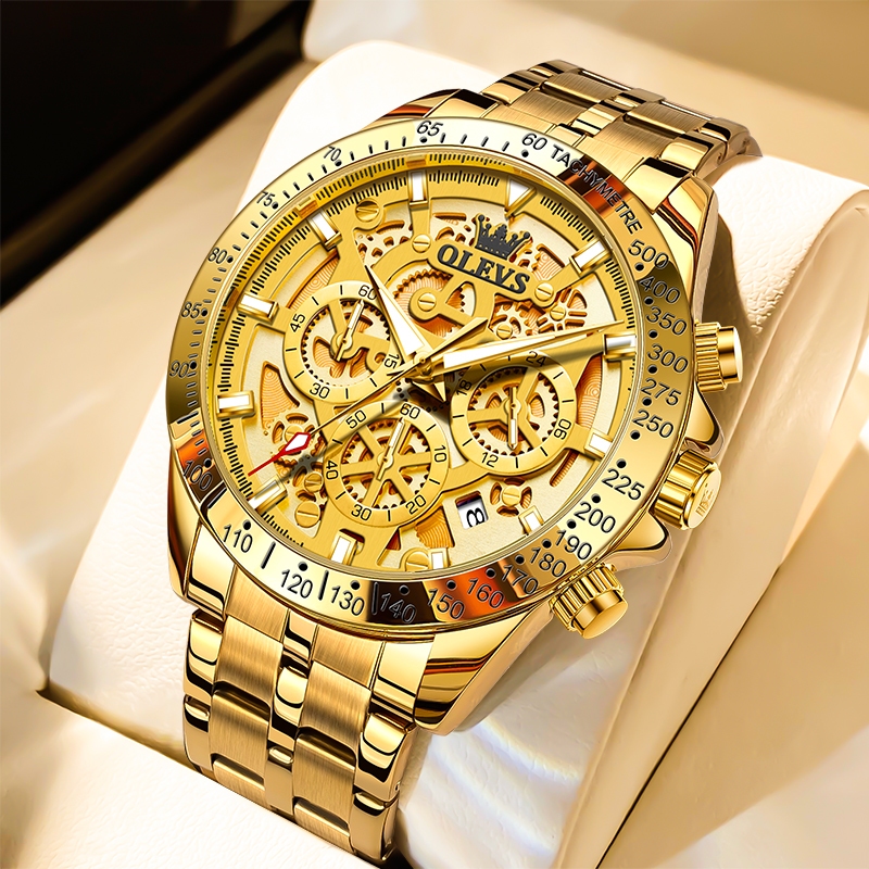 OLEVS 9913 relogio masculino relógio automático a prova d água original calendário cronógrafo de aço inoxidável dourado