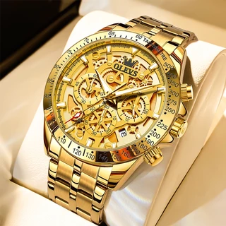OLEVS 9913 relogio masculino relógio automático a prova d água original calendário cronógrafo de aço inoxidável dourado