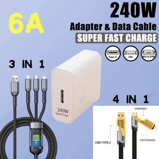 Carregador Super Rápido Multifuncional Universal Com Adaptador De Carregamento 240W 6A + Cabo USB 3 Em 1 Para Android Ty