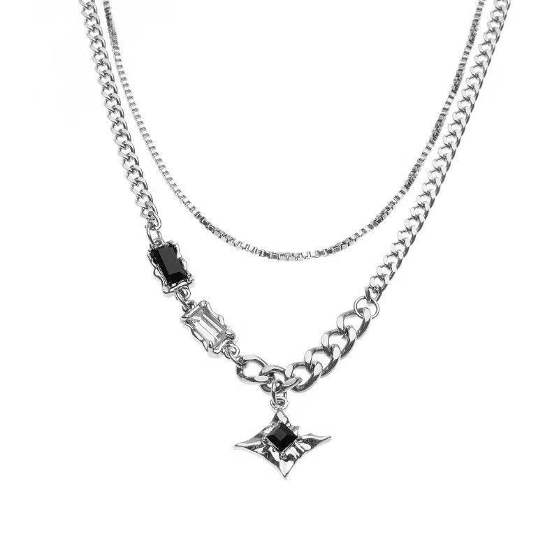 Colar Estrela de Quatro Pontas de Dupla Camada Colar Hip-Hop Masculino da Tendência Casal de Moda C