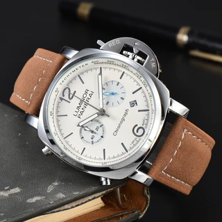 Relógio Multifuncional Estilo Atmosférico Panerai pm de Cinco Mãos de Quartzo Série Panerai pm Relógio Multifuncional de Aço Inoxidável e Correia de Couro