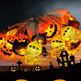 Artigos de decoração de Halloween, corda de luz de abóbora/morcego/caveira, luzes de decoração de atmosfera led, corda de luz de caixa de bateria