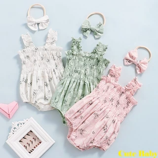 Eph-Macacão Infantil Sem Mangas Para Meninas, Verão, Estampa Floral, Macacão Com Faixa Na Cabeça