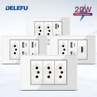DELEFU 4*2 Vidro Temperado Branco Tomada Padrão Brasileiro Duplo Usb Tipo C Interruptor De Parede 10A 20A Parallel
