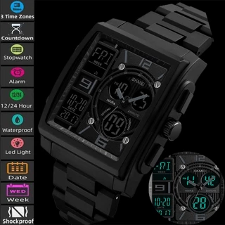 SKMEI Relógio De Pulso Masculino Quartz Esportivo Com Display Duplo LED Cronógrafo 3 Fusos Horário Contagem Regressiva Impermeável