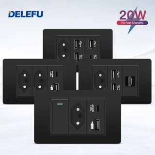 DELEFU À Prova De Fogo PC Brasil Soquete Padrão Duplo USB Tipo-c Interruptor 4 * 2 Preto 10A 20A