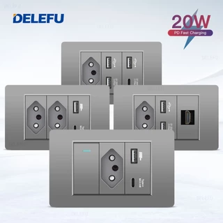 DELEFU À Prova De Fogo PC Brasil Soquete Padrão Duplo USB Tipo-c Interruptor 4 * 2 Cinza 10A 20A