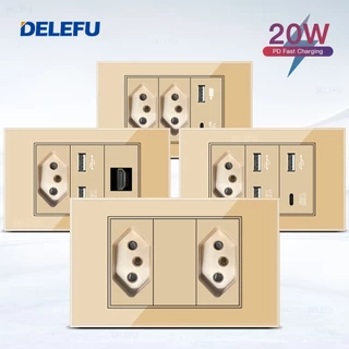 DELEFU 4 * 2 Vidro Dourado Temperado Tomada Padrão Dupla USB Tipo C Interruptor De Parede 10A 20A