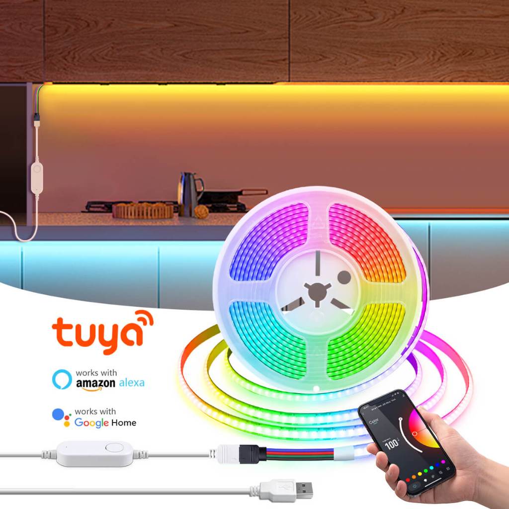 Fita LED Tuya Smart WiFi RGB COB USB 5V 576LEDs/M Com Controle Remoto Dimmable TV BackLight Decoração De Sala De Cozinha