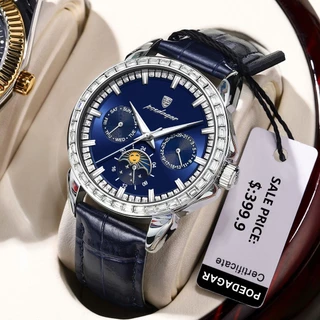 POEDAGAR Relógios Masculinos De Couro De Luxo Diamante Moda Relógio De Pulso Data Semana Relógio Luminoso À Prova D'água Para Homens Relógio De Quartzo Original