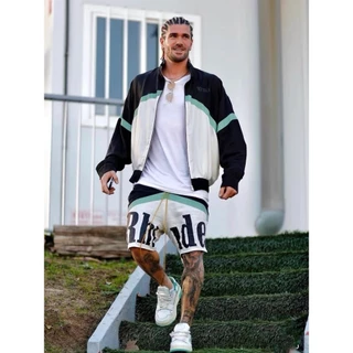 RHUDE Novo Logotipo Da Carta Imprimir Na Moda Rua Alta Contrastando Com Cordão Solto Esportes E casual Peso Pesado Americano Cinco Quartos De Calças Calções Masculinos De Verão