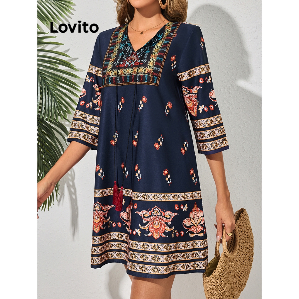 Lovito Vestido Boho Tribal com estampa de renda para mulheres LBL16110