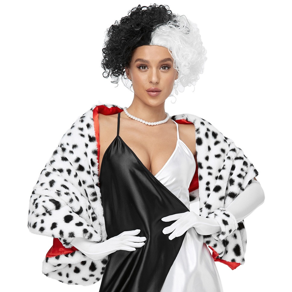 Halloween Kuila Spotted Dog Leopard Pattern Shawl Cruella Scarf Cloak Manto De Lenço Preto E Branco Peruca De Bruxa