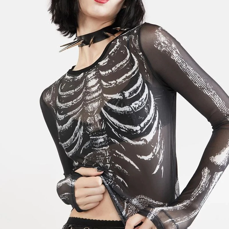 Camiseta Manga Longa Crop Esqueleto