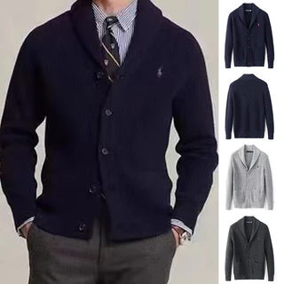 2024 Masculino Grosso Puro Algodão Paul Malhas Cardigan Polo Suéter RL Outono Inverno Cor Sólida Manga Comprida Bordado Jaqueta de Lã Pônei Negócios Casual Esportes Top Quente