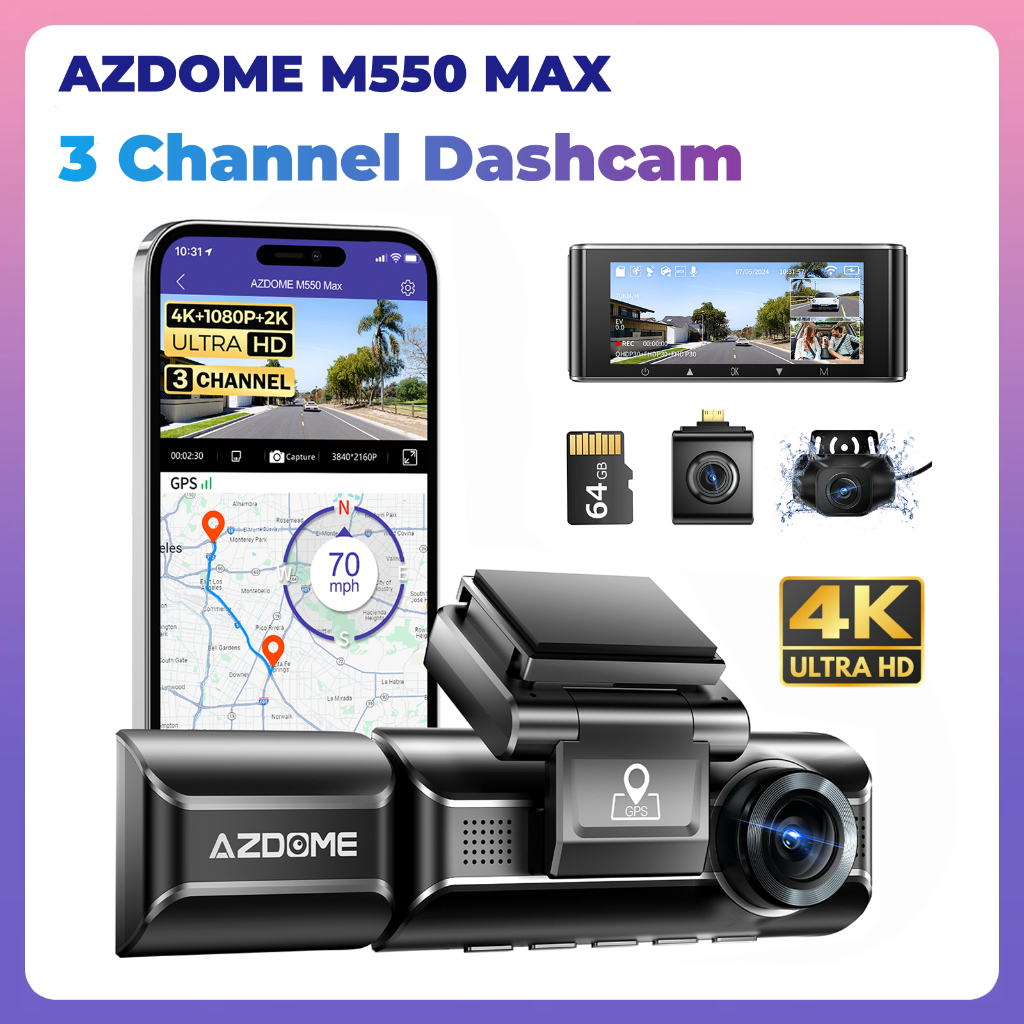 Dash Cam 4K De 3 Canais AZDOME M550 MAX Frontal E Traseira Interna Com Tela IPS De 3.19 " WiFi Integrado GPS Visão Noturna Cartão De 64 Gb Grátis Modo De Estacionamento 24H Rocorder De Condução