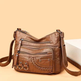 Bolsa de ombro feminina Casual De Couro Sintético macio Multipla Divisória