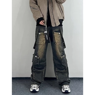 Estilo Hong Kong na moda masculina verão 2024 carta Jeans Hip Hop ins na moda High Street na moda rufião bonito calças
