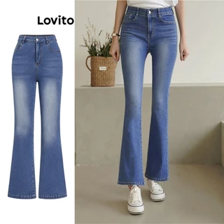 Lovito Pantalones vaqueros casuales lisos lavados con botones y cremallera para mujer L100MD422