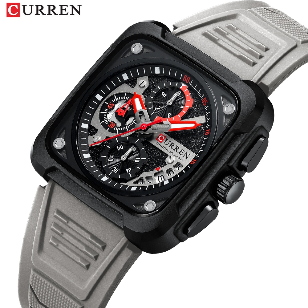 Relógio Masculino CURREN Marca Original Genuíno Multifuncional Quadrado Cronógrafo Mostrador Calendário Luminoso Pulseira De Silicone Casual Negócios Esportes Quartzo À Prova D'água 8461 XQ