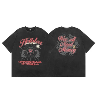 Hellstar Verão Americano Na Moda High Street Hip Hop Olhando Olho Impresso Camiseta Vintage Casal Solto Manga Curta