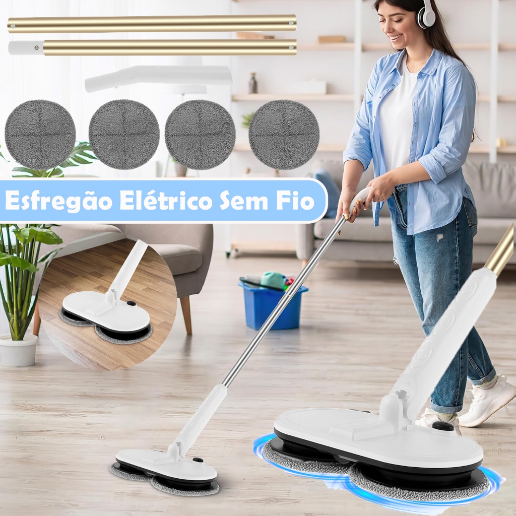 Mop Elétrico Automático Sem Fio Inteligente Para Casa Esfregão Elétrico Sem Fio Com 4 Esfregões De 2000m Limpador De Chão De Cabeça Dupla Eficiente