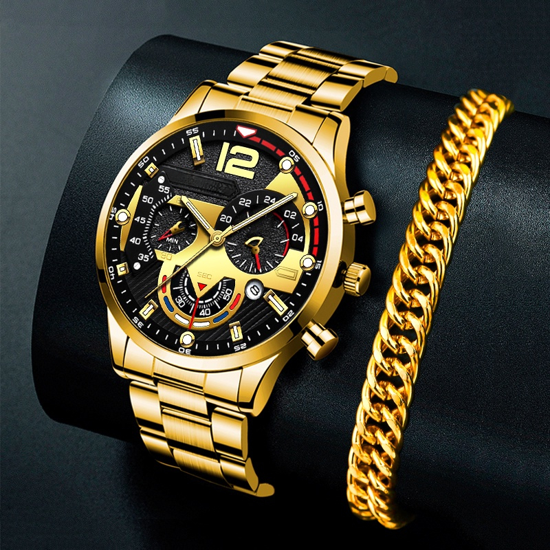 Relógio Luminoso De Luxo Masculino Pulseira De Ouro Aço Inoxidável Calendário De Quartzo Para Homens Negócios