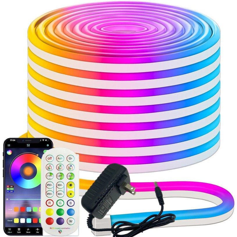 Luzes De Corda De Néon LED RGBIC Com Controlador Remoto De APP De Sincronização De Música E Adaptador De Energia , Lâmpada De Fita Waterpoof , Tiras Flexíveis De Design DIY Para Quarto , Sala De Estar , Jogos , Decoração De Festa
