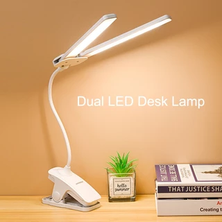 Lâmpada De Mesa De Duas Cabeças Clipe Sem Fio Proteção Para Os Olhos 3 Brilho Ajustável Interruptor De Toque Recarregável & USB Plug LED