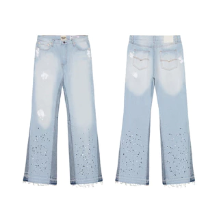 Galeria de roupas de rua Dept novo estilo pintado à mão tinta respingo lavada costura azul ligeiramente Jeans All-Match T