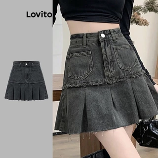 Lovito Saias jeans casuais com bolsos plissados e botões para mulheres L102AD521